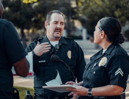 Three police officers engage in conversation outdoors, showcasing teamwork.